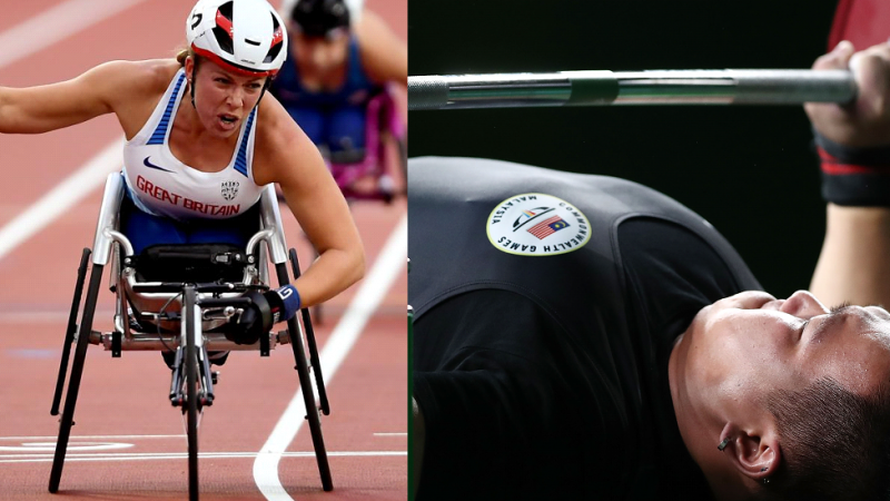 An image with two pictures, one showing a woman in a racing wheelchair and the other with a man lifting weight on a bench press