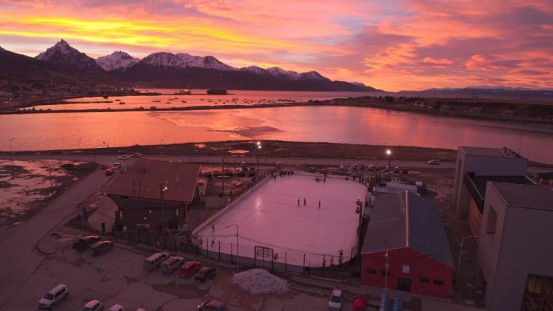 An outdoor ice rink in front of the sea in Ushuaia, Argentina