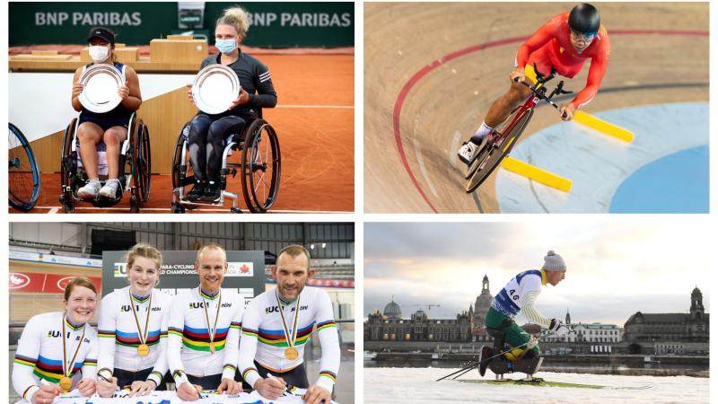 Photo collage of cycling, wheelchair tennis and Nordic skiing