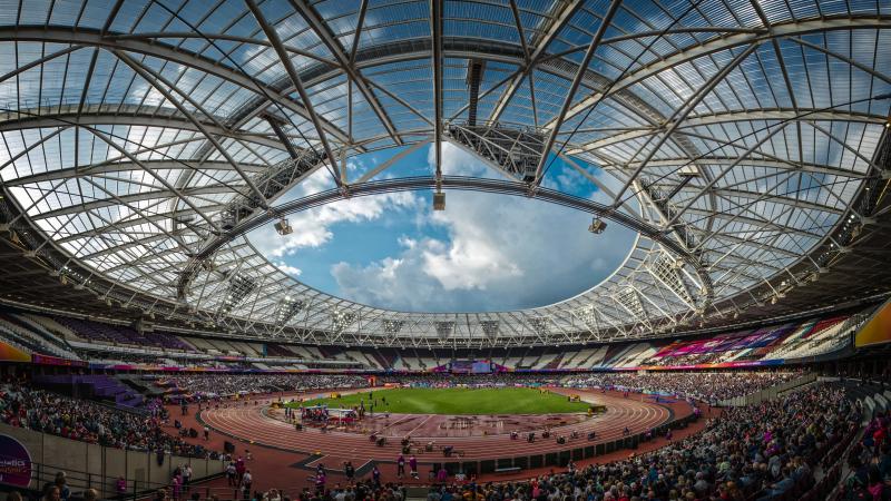 The aerial view of a stadium during a wheelchair race competition