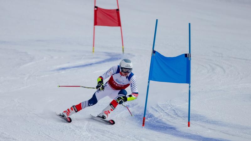 A male standing alpine skier competing