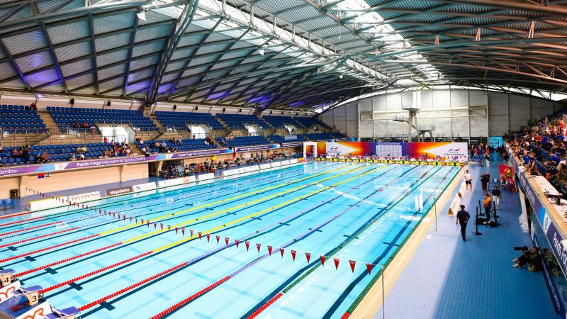The view of the indoor swimming pool at the Ponds Forge International Sports Centre in Sheffield, Great Britain