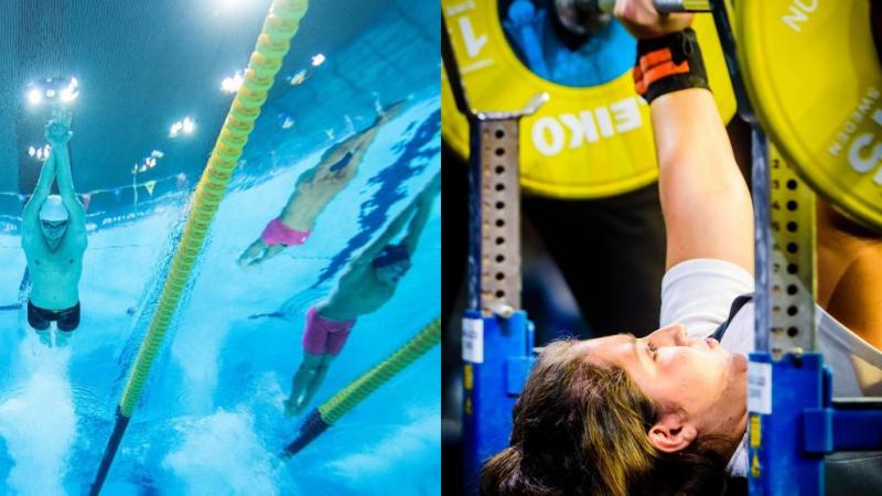 An underwater image of two men in a swimming pool and another picture of a woman lifting a bar