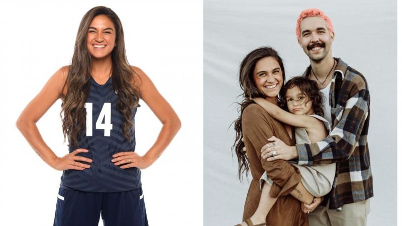 Collage of woman in sitting volleyball uniform and then on the right with her husband and toddler son