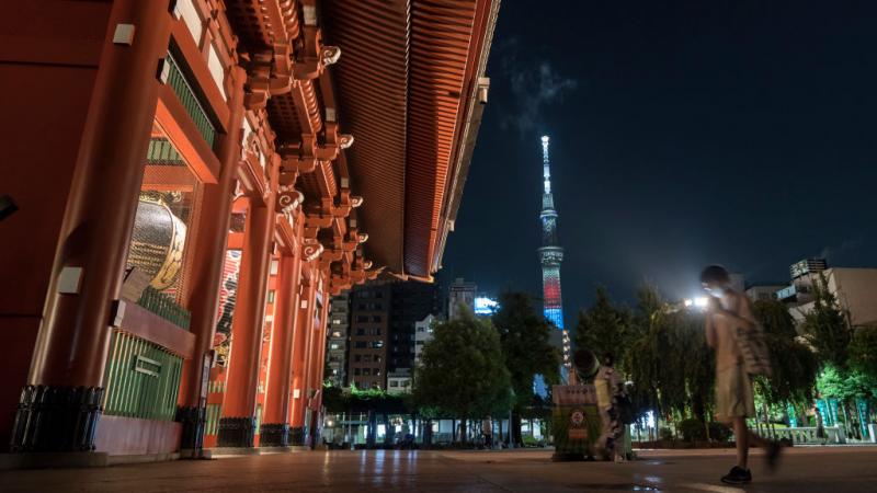 Image of Tokyo Skytree at night with Paralympic green, blue and red colors