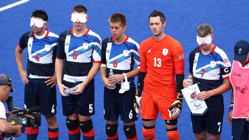 Great Britain's blind football team lined up