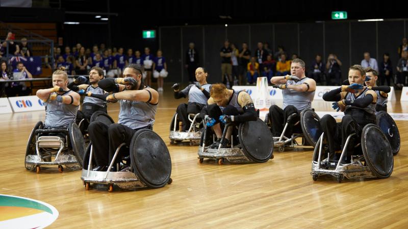 New Zealand wheelchair rugby team perform the Haka