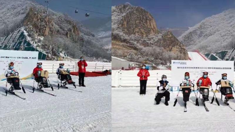 Two pictures of Para alpine sit-skiers receiving their prizes in a medal ceremony with snowy mountains in the background