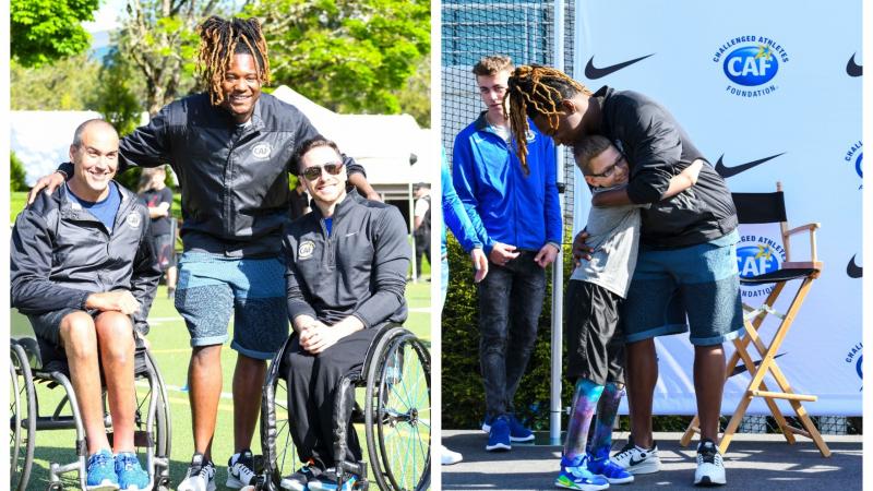 Picture collage of Black male athlete with two wheelchair athletes and hugging a kid