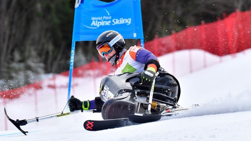 A female sit-skier competing in a giant slalom Para alpine skiing event