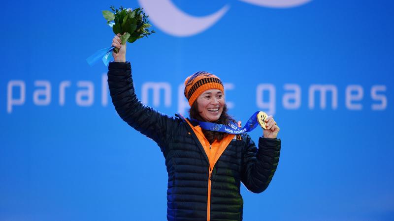 Bibian Mentel celebrates on the podium