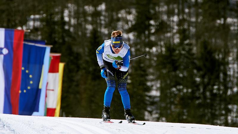 A female cross-country standing skier with a bandana with the Ukrainian flag competing in the snow