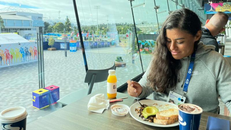 Macarena Cabrillana having breakfast at the Australian Open