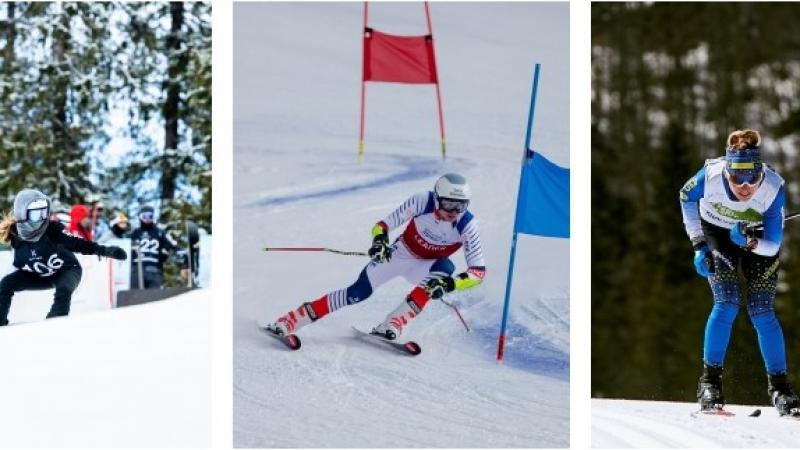 A photo collage with a picture of a female snowboarder, a male Para alpine skier and a female Para cross-country skier