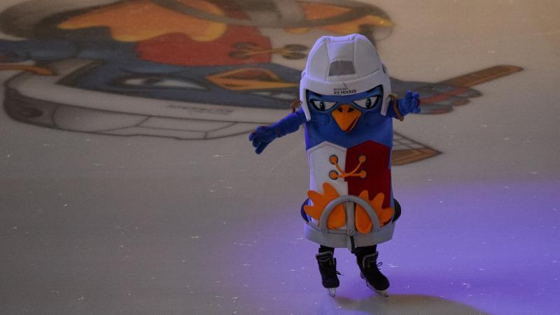 A penguin mascot on the ice during the Ostrava 2019 World Para Ice Hockey Championships