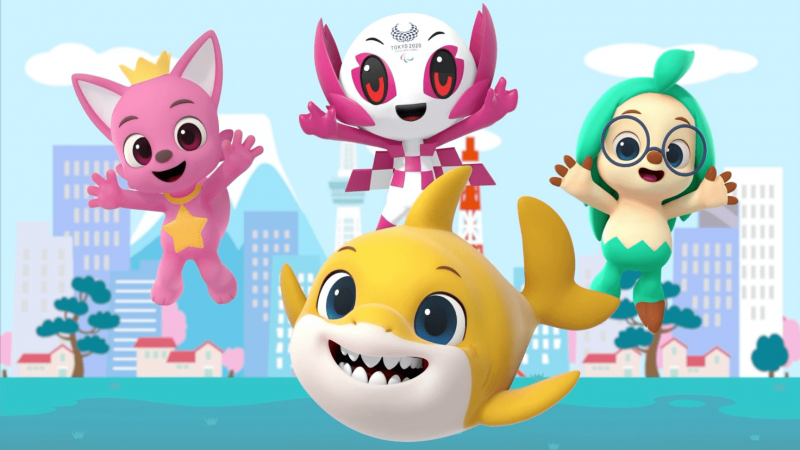 Cartoon animation of baby shark and Paralympic mascot and other characters