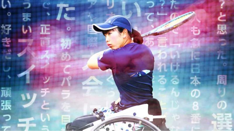 Japanese wheelchair tennis player hits backhand return