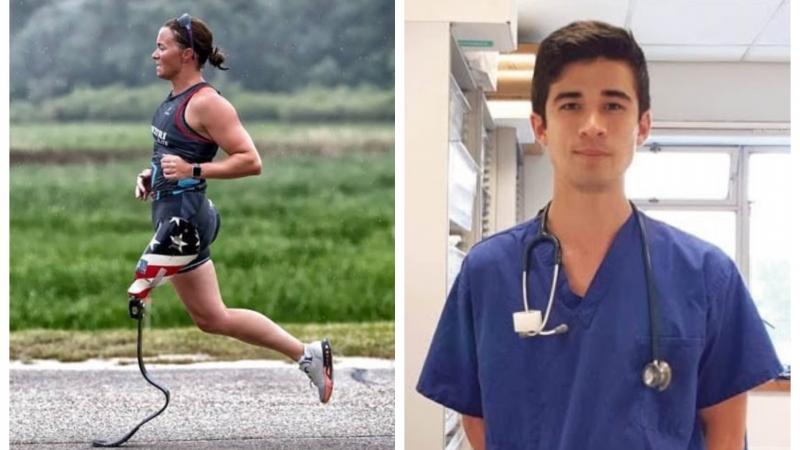 Collage of two athletes, one female athlete running with a prosthetic and another of a male nurse
