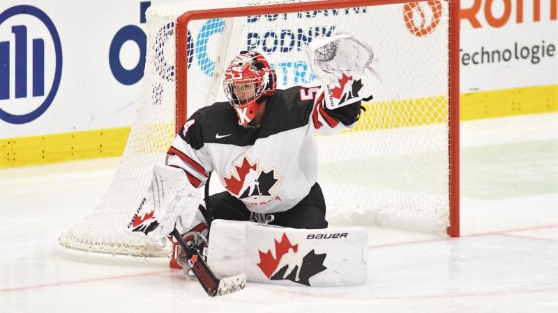 A Canadian goaltender in a Para ice hockey game