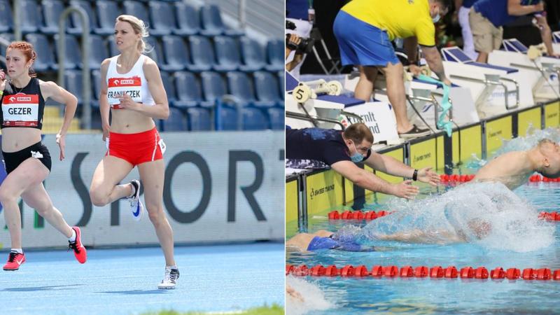 A photo collage with two women running in an athletics track and a man holding an armless swimmer