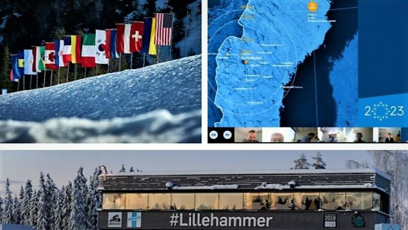 A collage with a picture from a biathlon venue below and pictures of a group of country flags and a zoom presentation on top