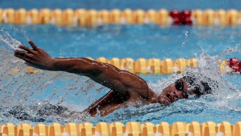  Filipino Para swimmer Ernie Gawilan in action at the final of the 2018 Asian Para Games