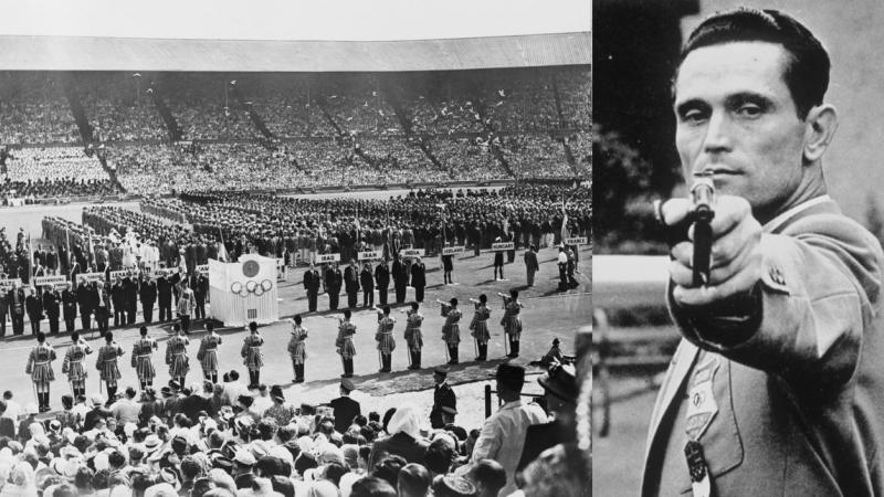 Two pictures one showing the opening ceremony of the London 1948 Olympics and the other showing a man holding a pistol
