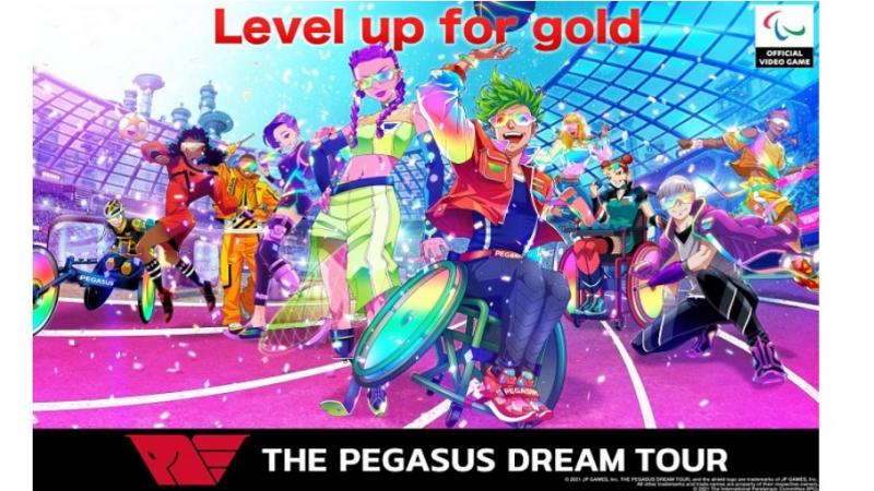 Paralympics official video game The Pegasus Dream Tour key visual with characters from the game and the phrase 'Level up for gold'