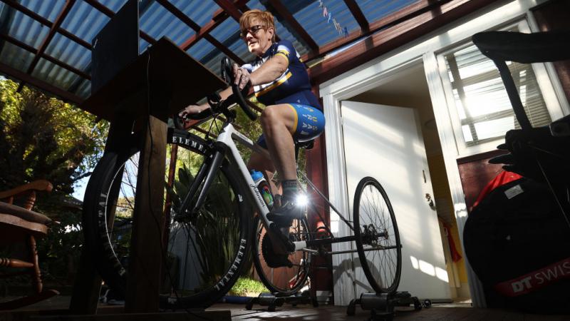 Carol Cooke trains at her home amid the COVID-19 pandemic in Melbourne, Australia. 