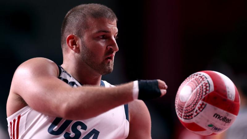 Kory Puderbaugh, close up in wheelchair rugby action