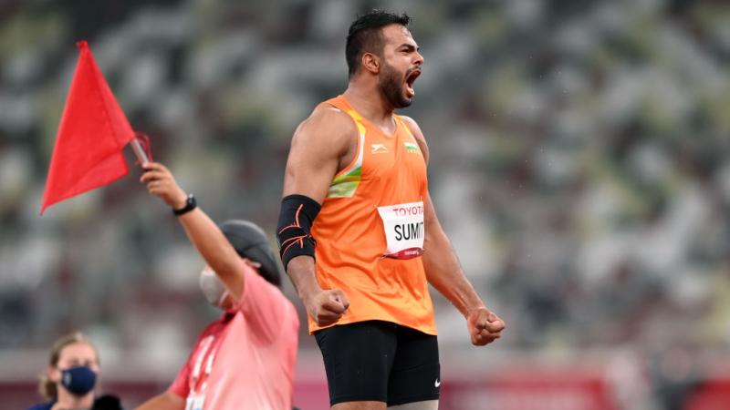  India's Sumit Antil reacts while competing in the men's Javelin Throw F64 of the Tokyo 2020 Paralympic Games at Olympic Stadium.