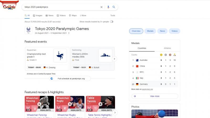 Google screenshot with Tokyo 2020 Paralympic Games pictograms