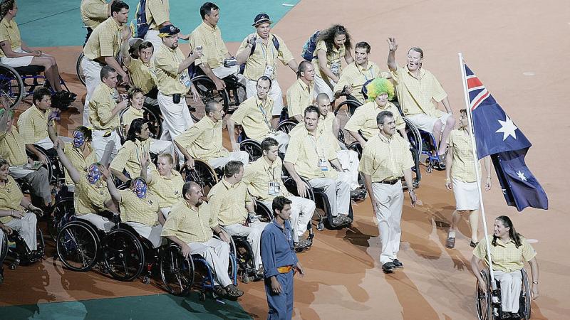 The Australian Paralympic team led by Louise Sauvage during the opening ceremony of Athens 2004 Paralympic Games