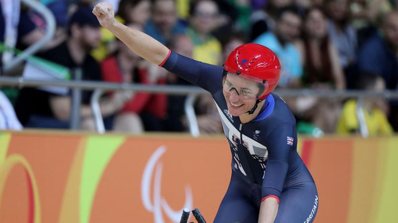 JUBILANT: File photo of Sarah Storey celebrating after the women’s C5 3000m individual pursuit track cycling at Rio 2016 Paralympic Games. 