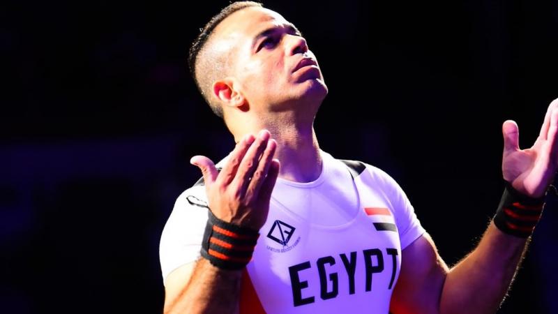 Egyptian powerlifter Sherif Osman looks upwards