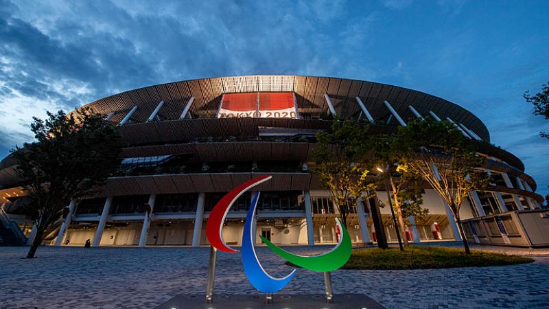 Agitos logo in front of the Olympic Stadium at Tokyo 2020