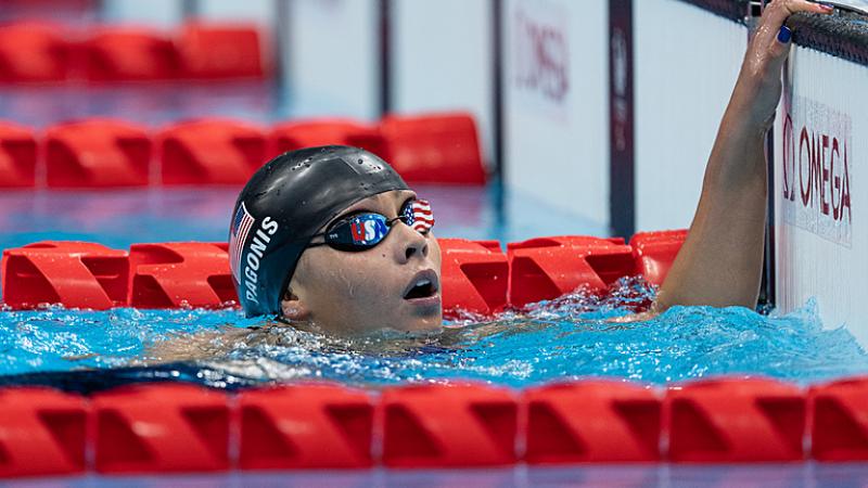 Swimmer Anastasia Pagonis in the pool after a race