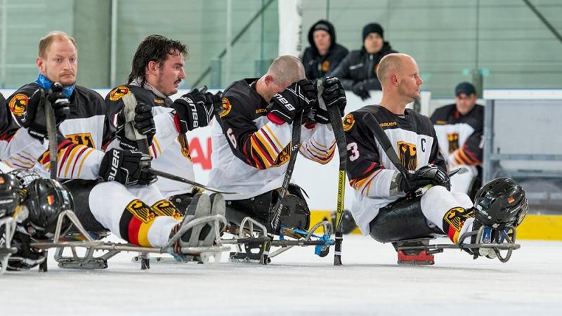 Para ice hockey players gazing in a row one after another