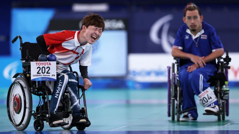 Hidetaka Sugimura of Japan shouts as he competes against Watcharaphon Vongsa in boccia