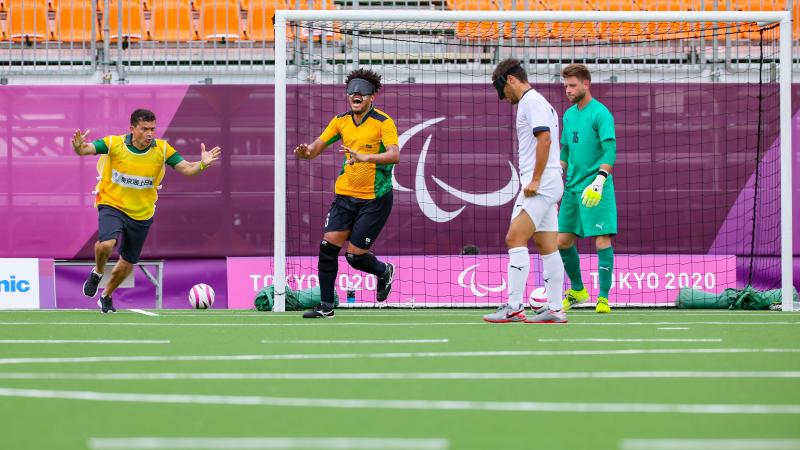Brazilian football 5-a-side player Jardiel Vieira Soares celebrates his first Paralympic goal against France