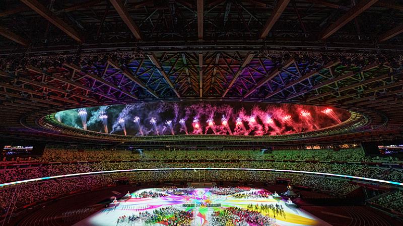 Colorful display of Olympic Stadium during Closing Ceremony