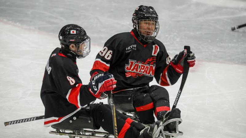 Two players on sledges looking in front of them