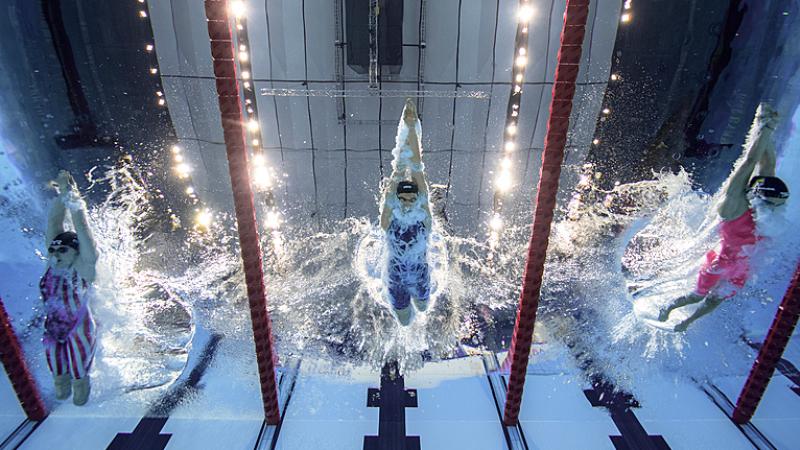 Underwater image of Morgan Stickney USA, Jessica Long USA and Nahia Zudaire Borrezo ESP competing in the swimming women's 400m freestyle - S8 final at the Tokyo 2020 Paralympic Games. 