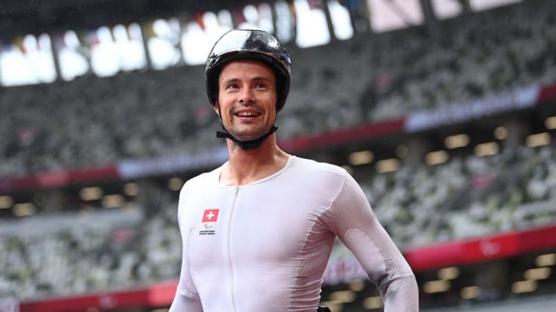 Marcel Hug of Switzerland reacts after victory in the Men's Marathon T52 at the Tokyo 2020 Paralympic Games.