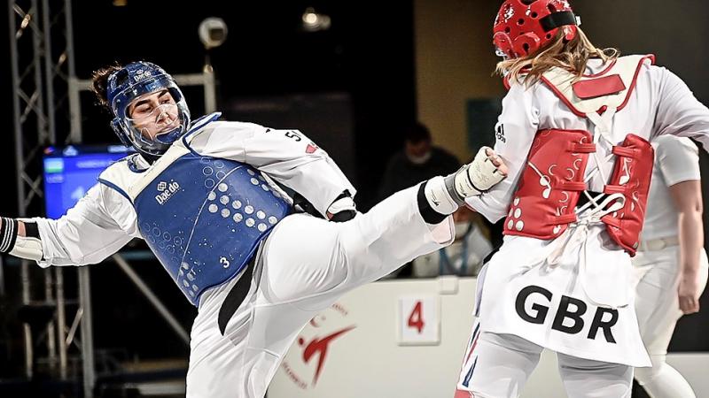 ALL FOR GOLD: Reigning Paralympic champion Guljonoy Naimova of Uzbekistan in action against Amy Truesdale of Great Britain. 