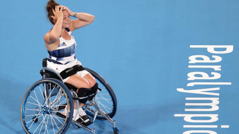 WILL BE MISSED: Jordanne Whiley of Great Britain reacts after winning bronze beating Aniek van Koot of Netherlands in the Wheelchair Tennis Women's Singles  at the Tokyo 2020 Paralympic Games. 