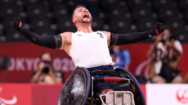 Stuart Robinson of Great Britain reacts after defeating United States during the gold medal wheelchair rugby match at Tokyo 2020 Paralympic Games at Yoyogi National Stadium in Tokyo, Japan. 