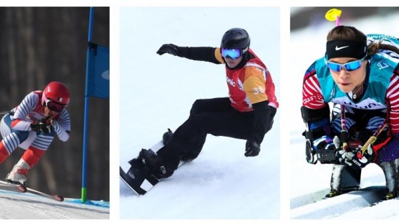 A photo collage with a female Para alpine skier, a male Para snowboarder and a female Para cross-country skier