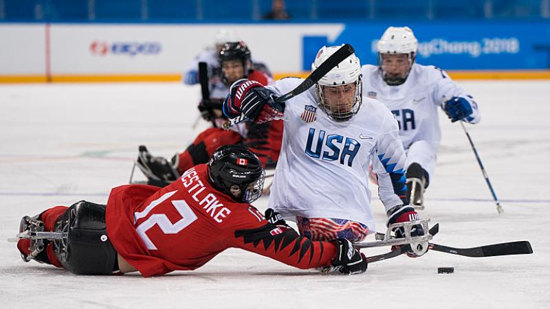 A Canadian Para ice hockey player challenging an USA player 