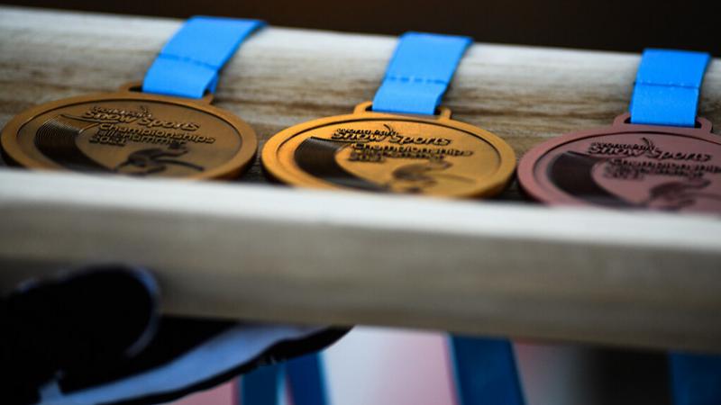 A tray with a gold, a silver and a bronze medal 